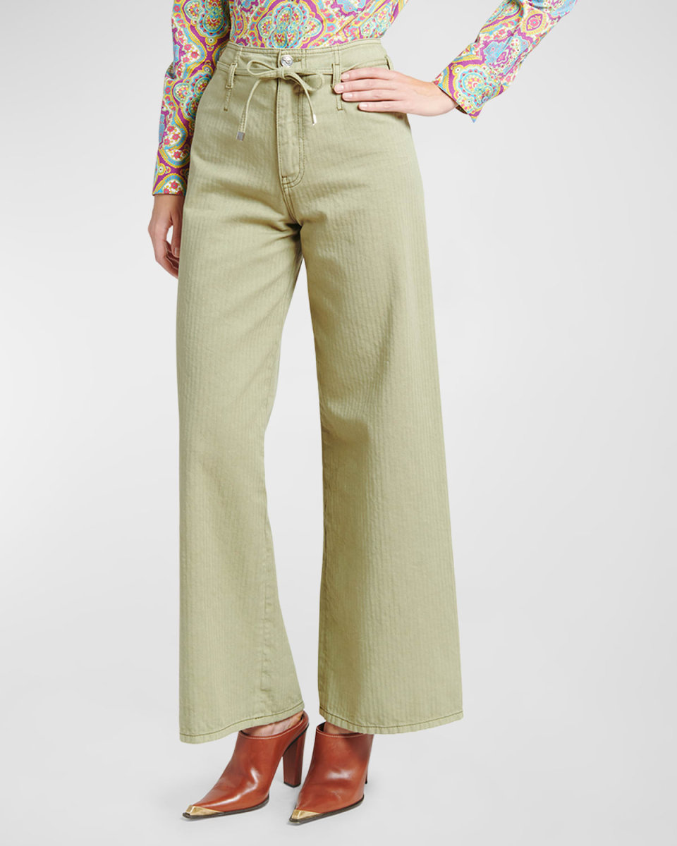 Mid-Rise Herringbone-Cotton Wide-Leg Ankle Drawstring Pants